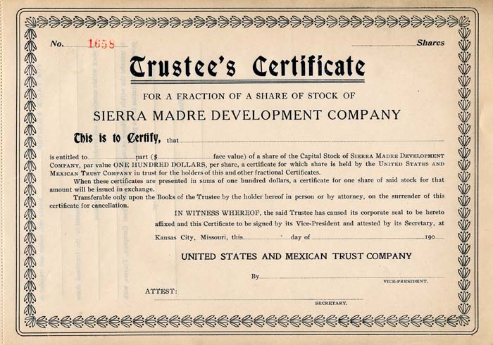 Sierra Madre Development Co. - Stock Certificate - Branch Company of the Atchison Topeka Santa Fe Railway